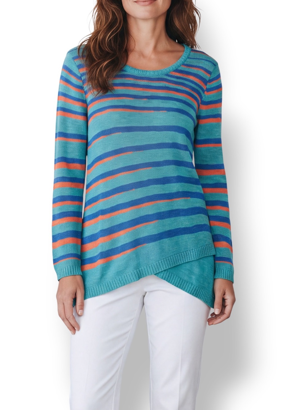 4/$20 Soft Surroundings Turquoise Blue Orange Striped Cotton Tunic Sweater M
